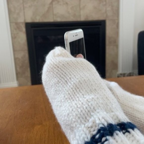 White and Navy-Blue Hand Knit Fingerless Mittens - Picture 4 of 4